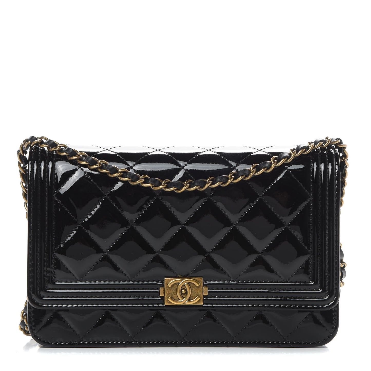 Patent Calfskin Quilted Boy Wallet On Chain WOC Black