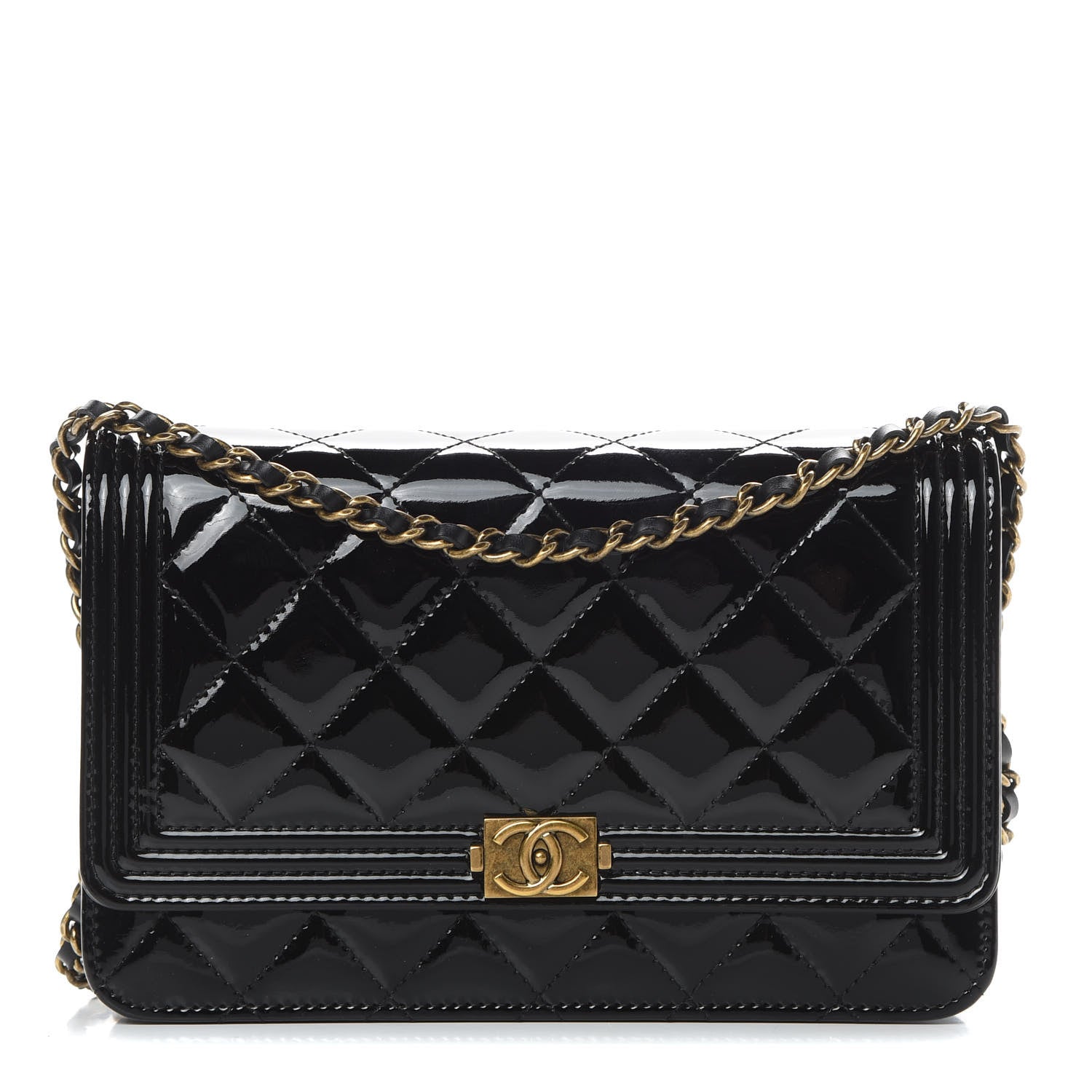 Chanel Patent Calfskin Quilted Boy Wallet On Chain WOC Black 1 of 13