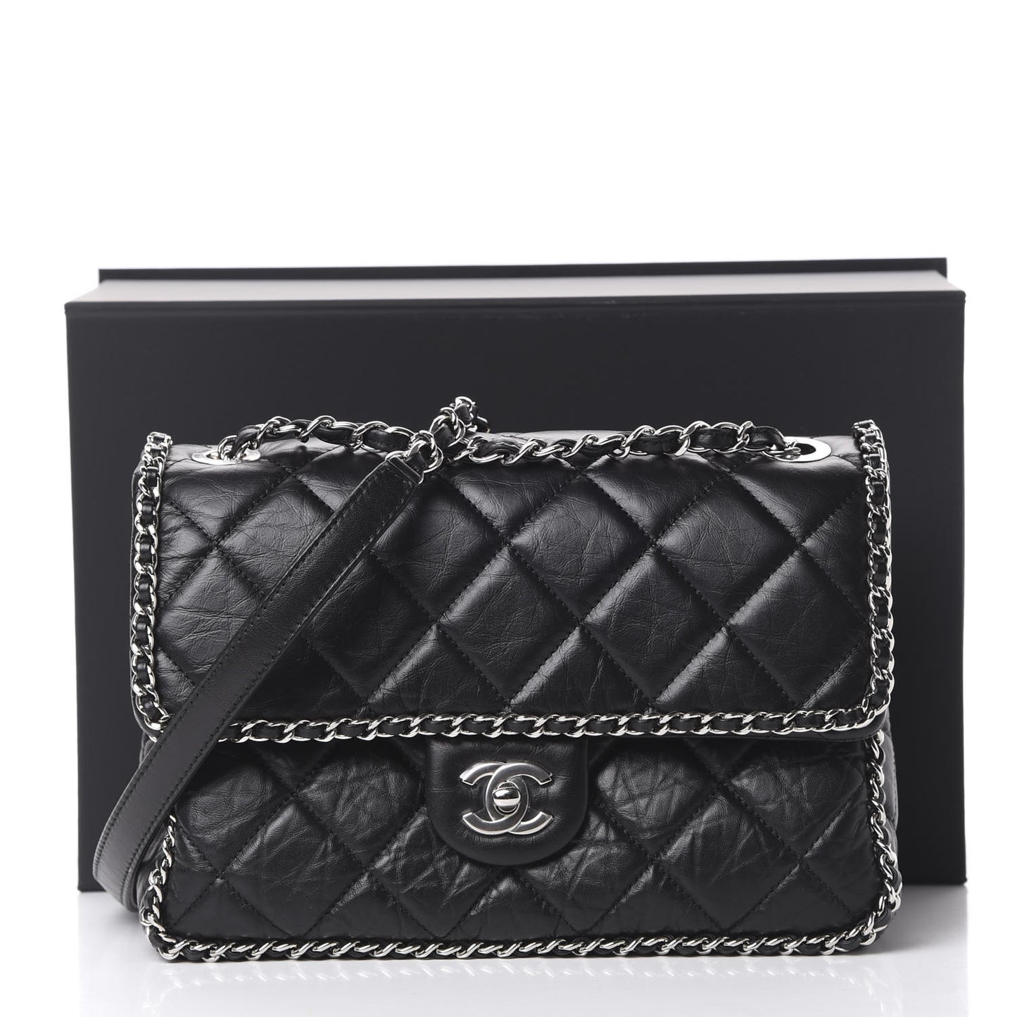 Crumpled Calfskin Medium Chain Flap Black