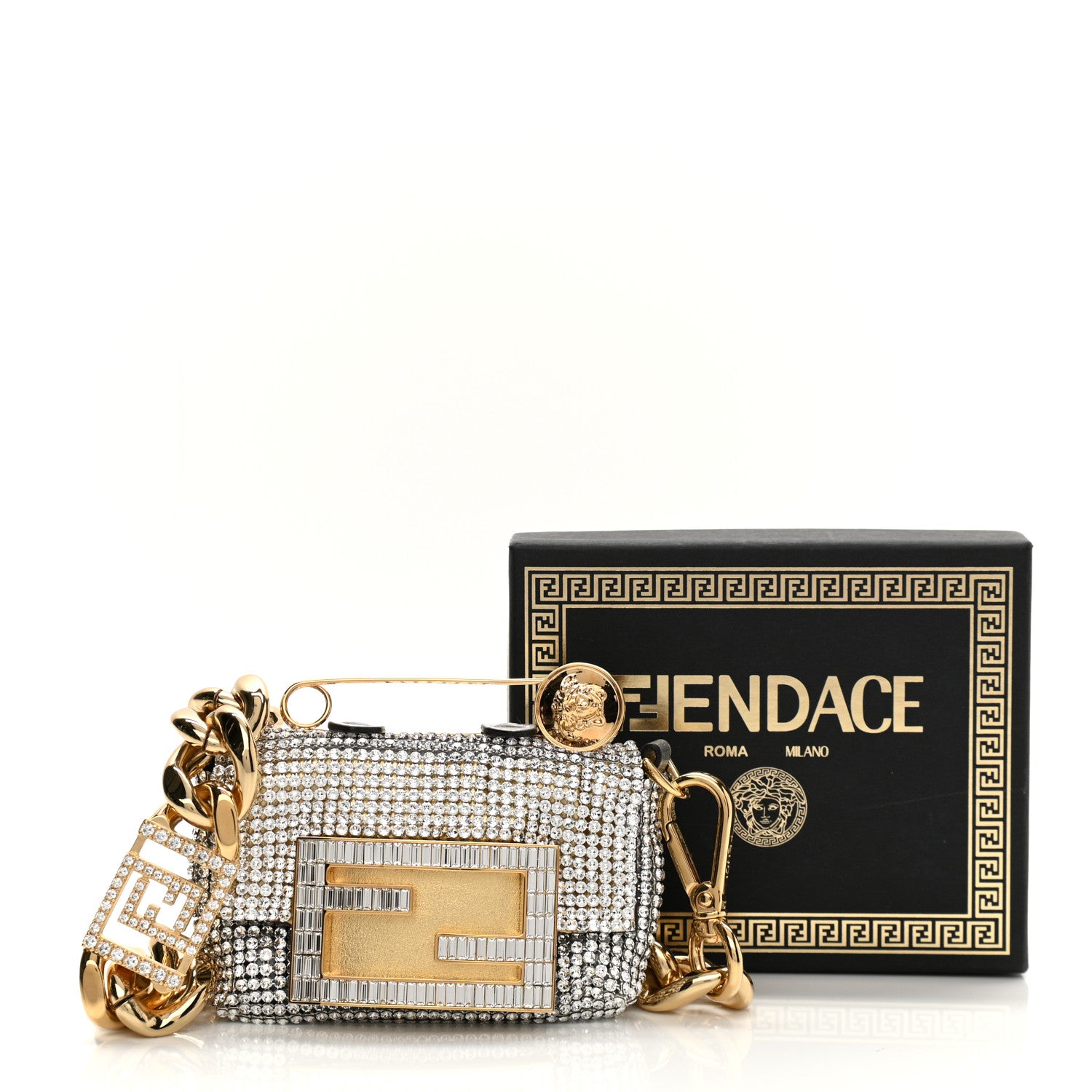 Fendi X VERSACE Crystal Fendace Nano Brooch Baguette Gold Silver