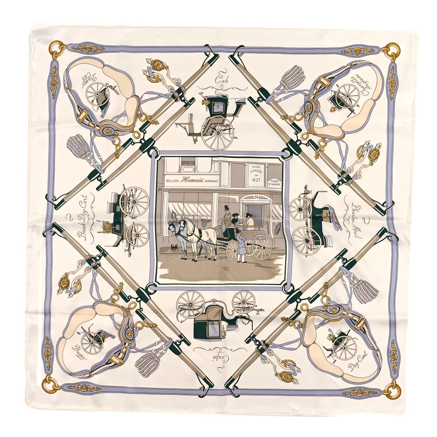 Hermes Silk Palonniers Scarf 70 Blanc Vert Sapin Beige 1 of 3