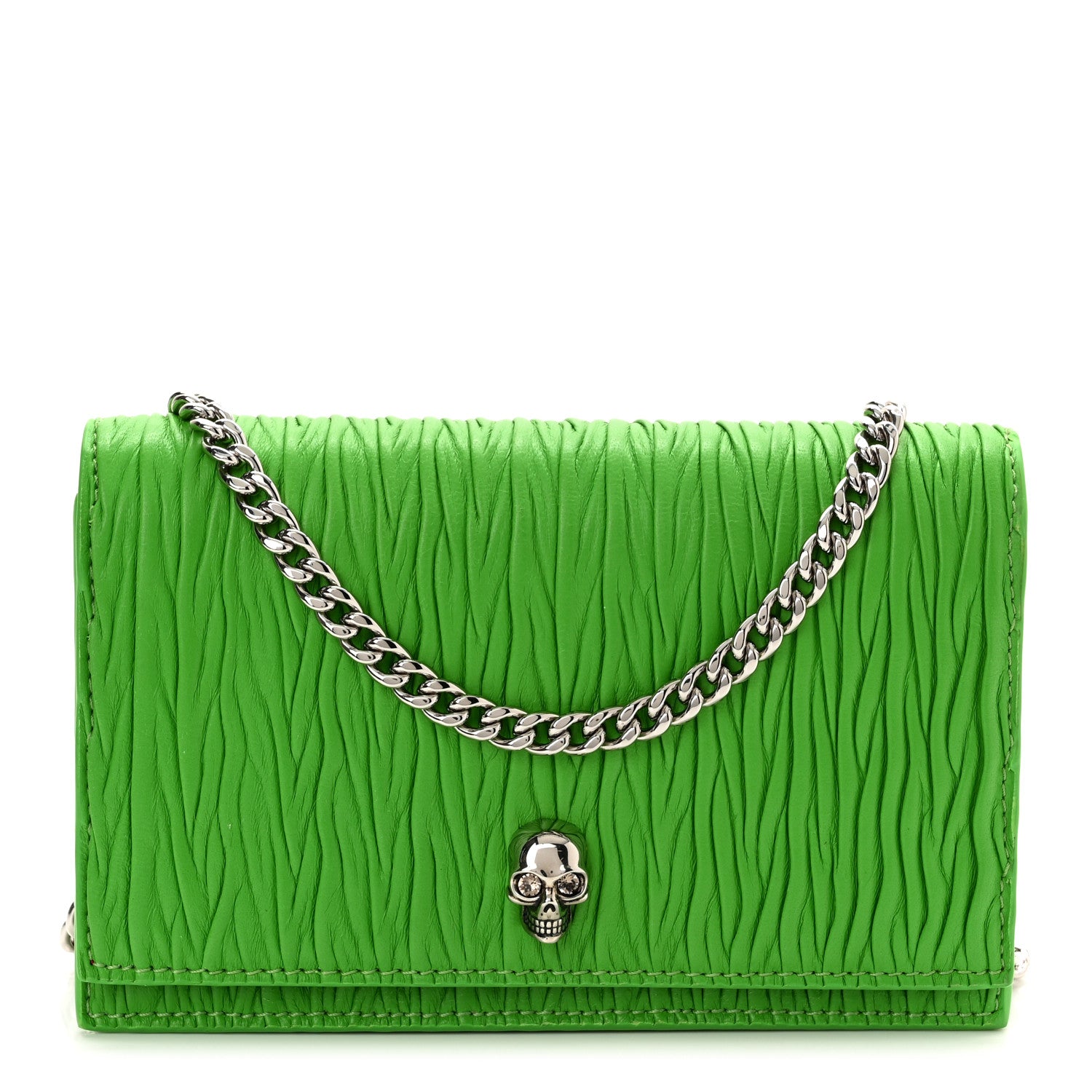 Alexander McQueen Lambskin Pleated Skull Small Chain Crossbody Bag Acid Green 1 of 9