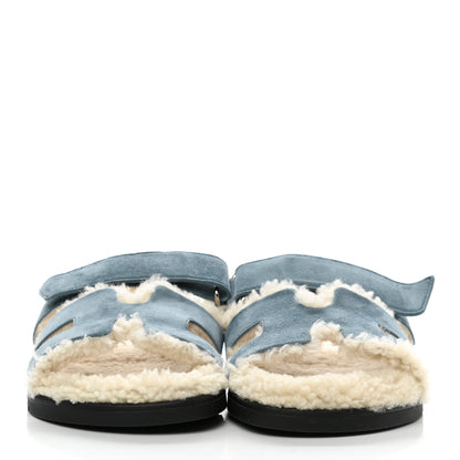 Hermes Suede Goatskin Woolskin Womens Chypre Sandals 37 Bleu Pinede Ecru 2 of 9