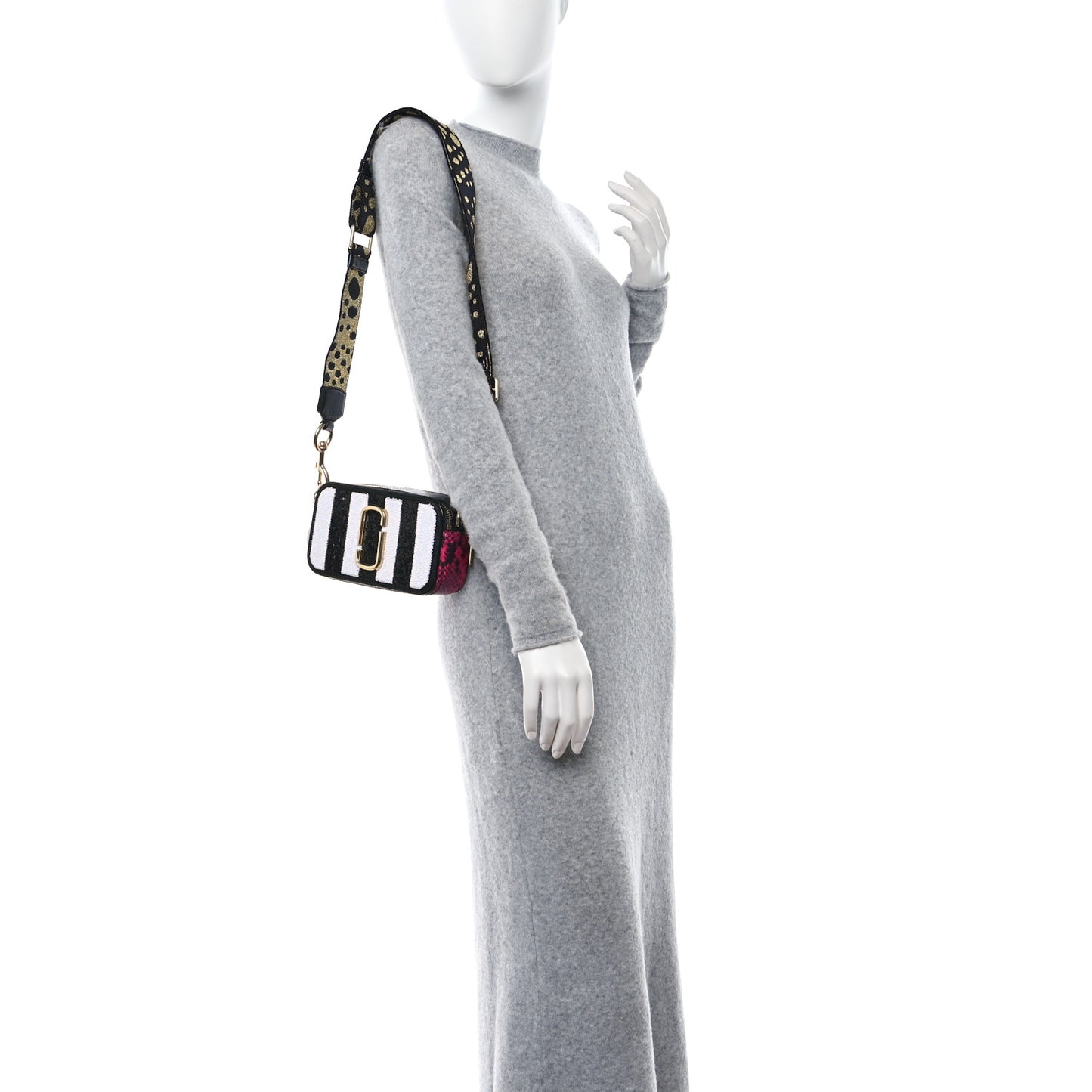Metallic Sequin Snake Embossed Calfskin Stripe Snapshot Camera Bag Black White Pink