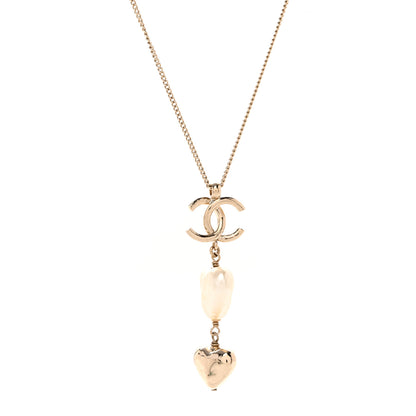 Chanel Pearl CC Double Heart Drop Necklace Pearly White Gold 1 of 5