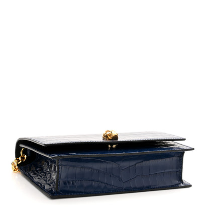Alexander McQueen Calfskin Crocodile Embossed Skull Mini Crossbody Bag Deep Lapis Blue 4 of 11