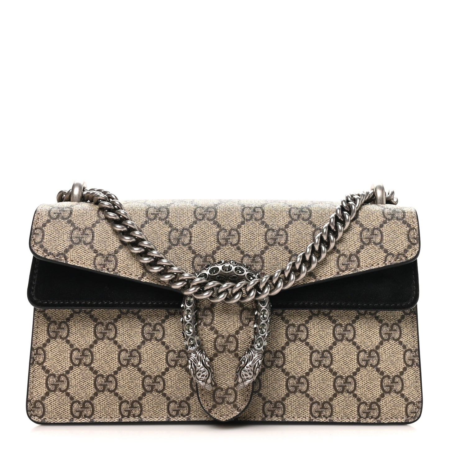 GG Supreme Monogram Suede Crystal Small Dionysus Shoulder Bag Beige Ebony Black Beige Ebony Black