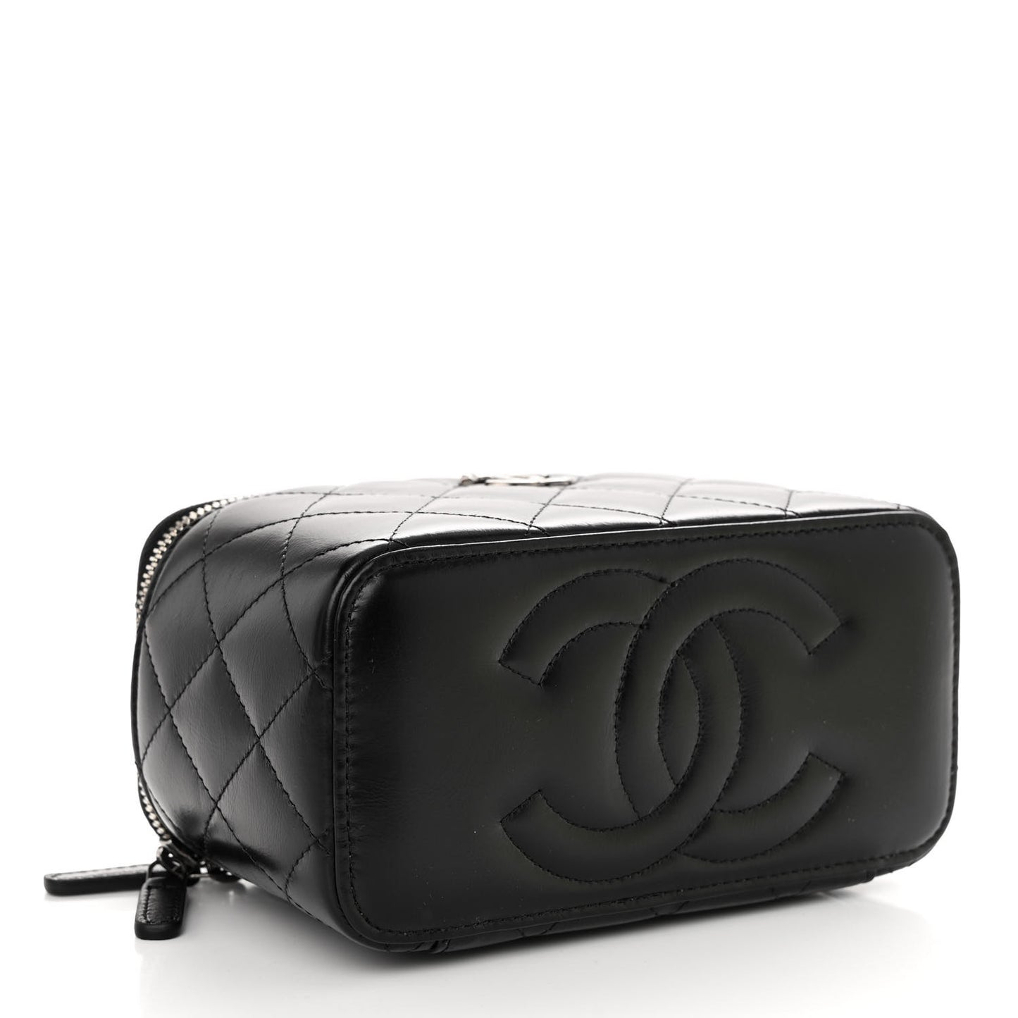 Shiny Crumpled Calfskin Crystal Quilted Precious Handle Vanity Case With Chain Black