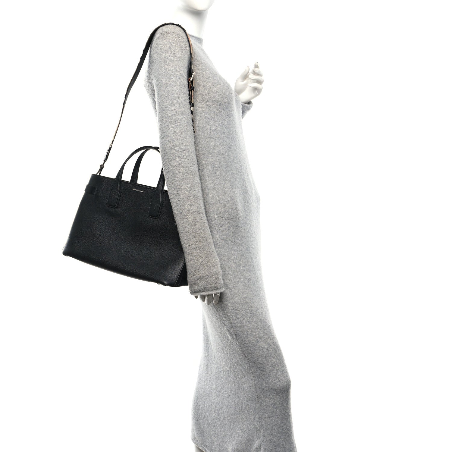 Burberry Grainy Calfskin House Check Medium Banner Tote Black 2 of 10