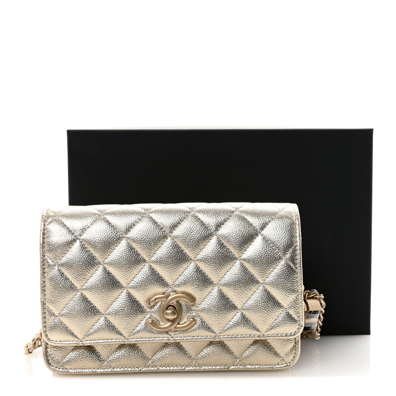 Chanel Metallic Caviar Quilted CC Crush Wallet On Chain WOC Light