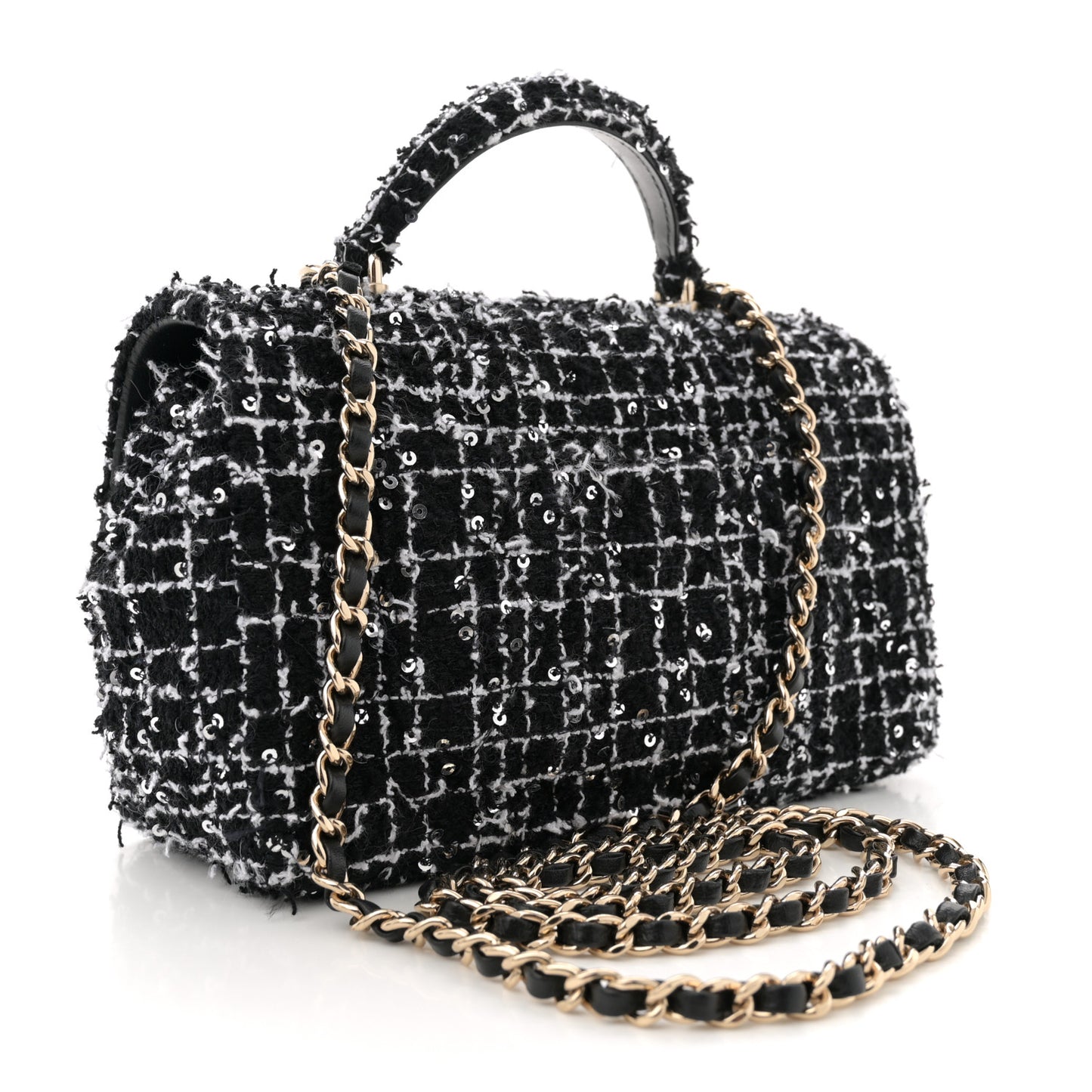 Tweed Quilted Mini Top Handle Rectangular Flap Black White