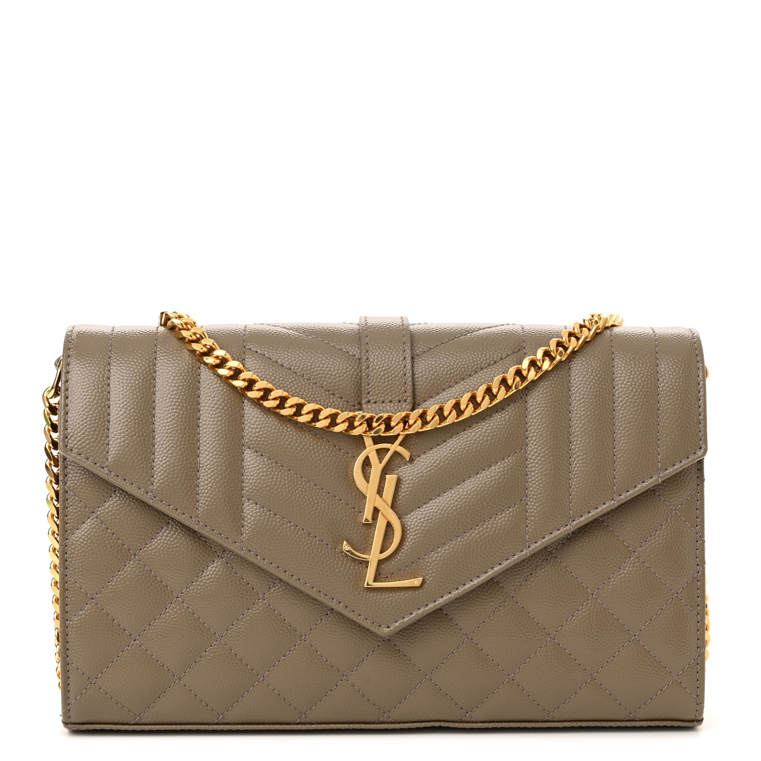 Saint Laurent Grain De Poudre Mixed Matelasse Triquilt Monogram Chain Wallet Dark Beige 1 of 11