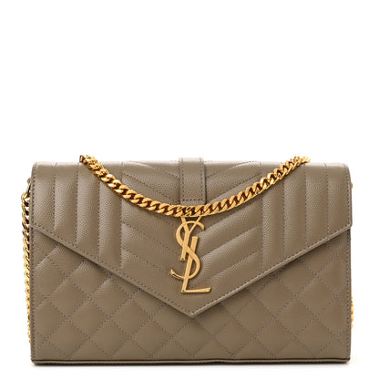 Saint Laurent Grain De Poudre Mixed Matelasse Triquilt Monogram Chain Wallet Dark Beige 1 of 11