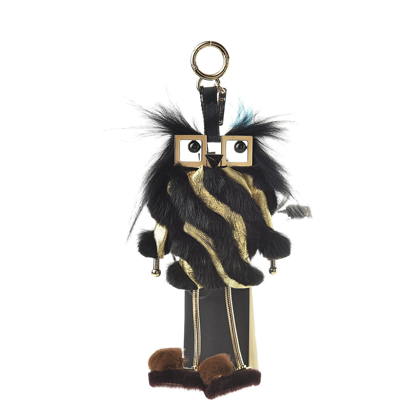Metallic Calfskin Mink Fox Fur Hypnoteyes Witches USB Power Bank Bag Charm Black Gold