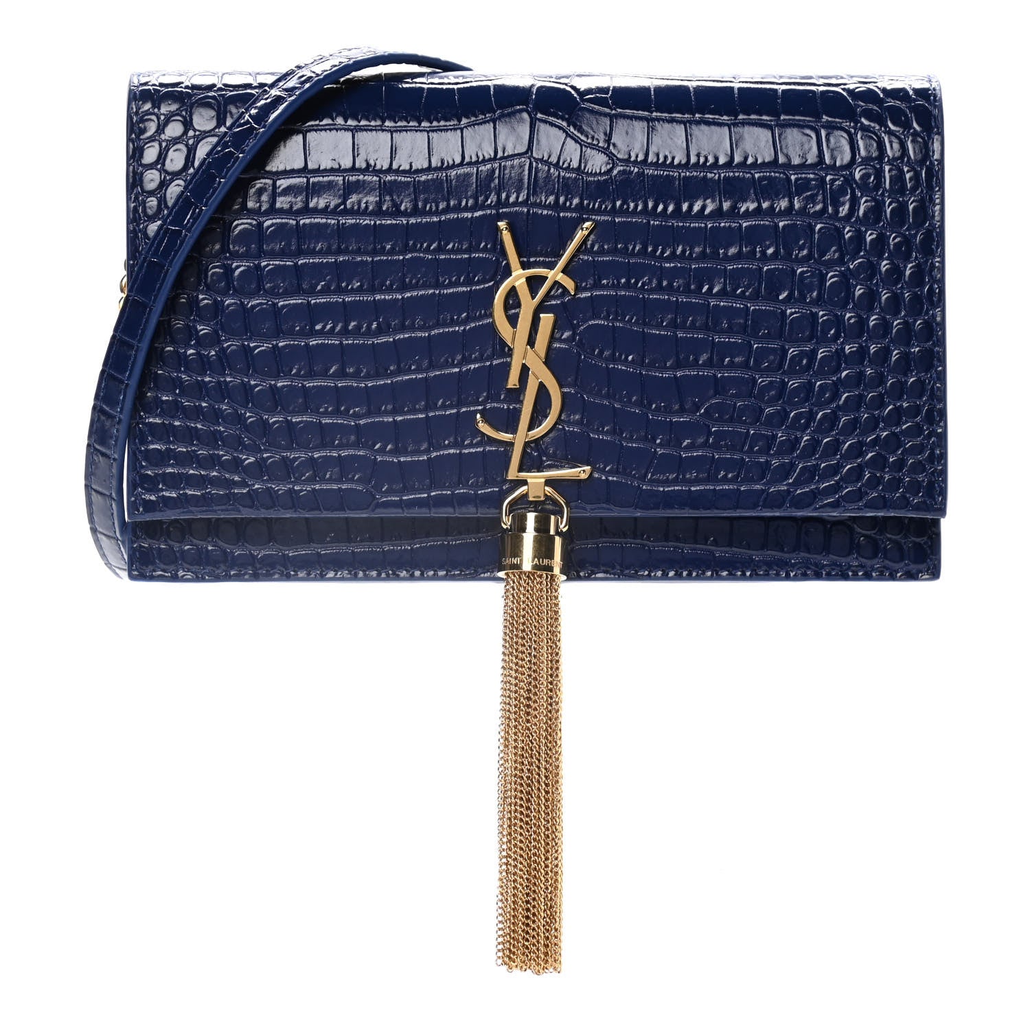 Saint Laurent Calfskin Crocodile Embossed Kate Monogram Tassel Chain Wallet Royal Blue 1 of 12