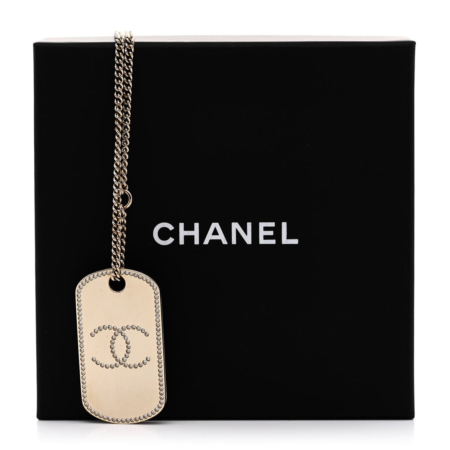 Metal Crystal Dog Tag Charm Necklace Gold