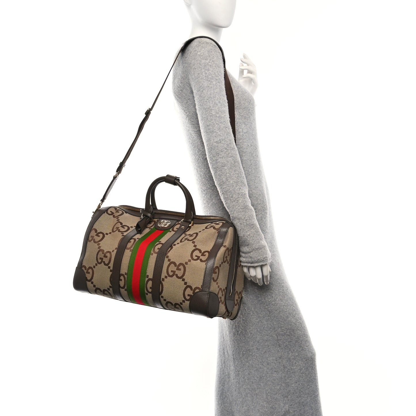 Monogram Jumbo GG Textured Dollar Calfskin Web Medium Duffle Bag Camel Ebony