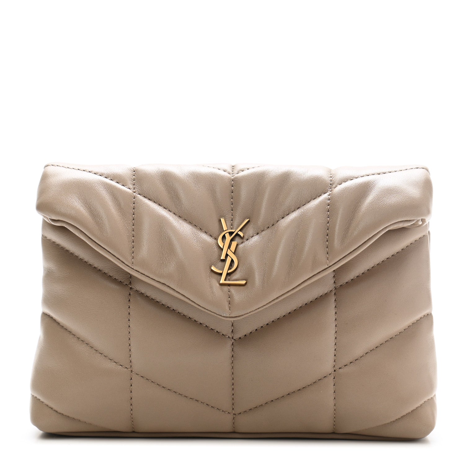Saint Laurent Lambskin Monogram Loulou Puffer Pouch Clutch Dark Beige 1 of 7