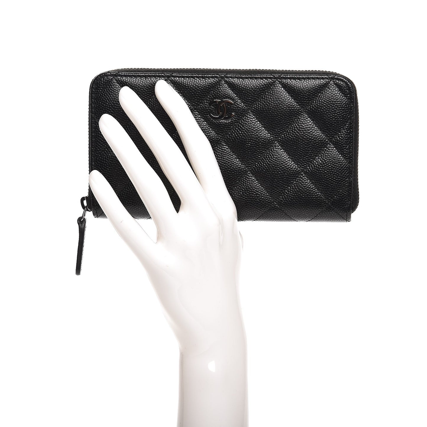 Metallic Caviar Quilted Small Zip Around Wallet Black