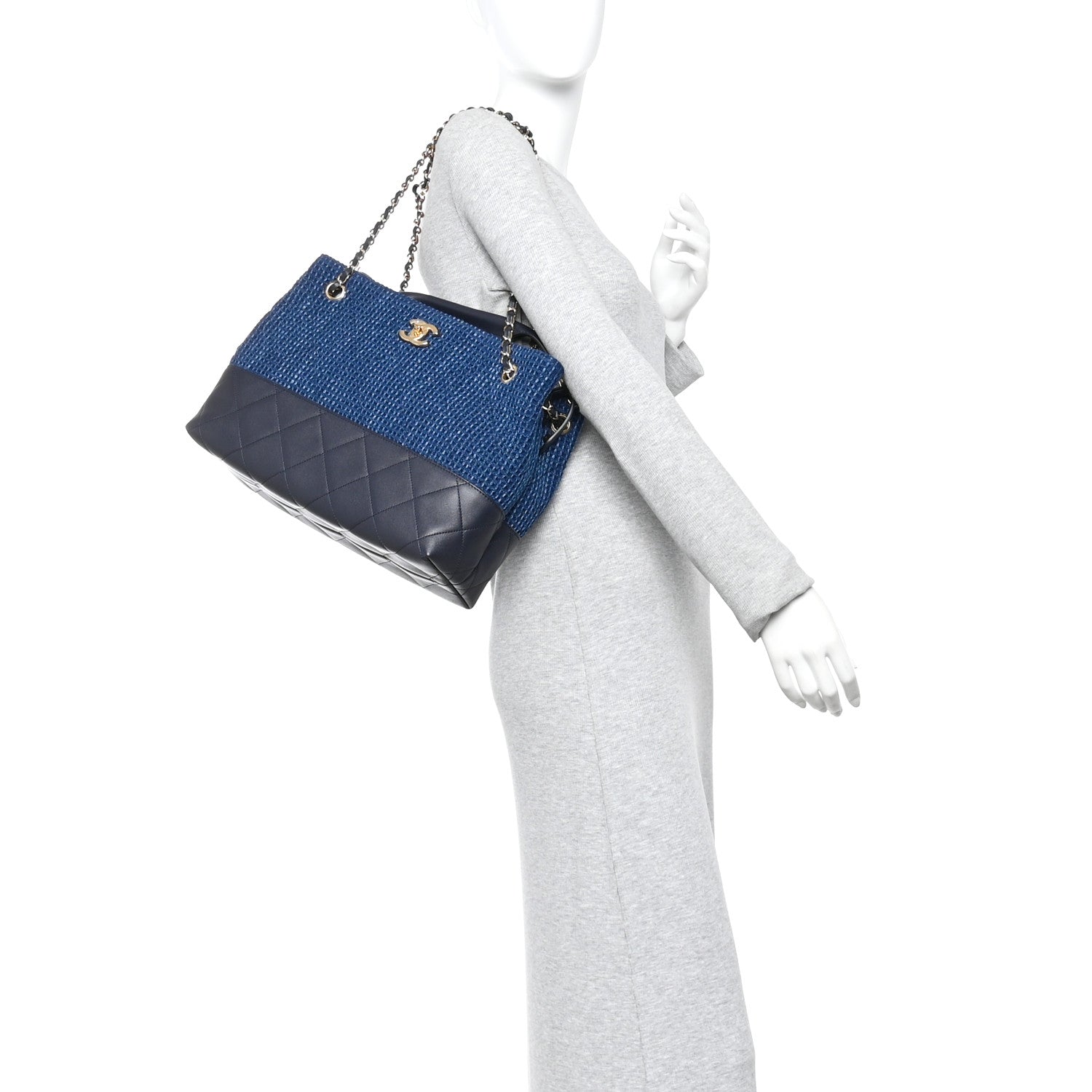 Chanel Tweed Shiny Lambskin Quilted Coco Base Small Shopping Bag Dark Blue 2 of 11