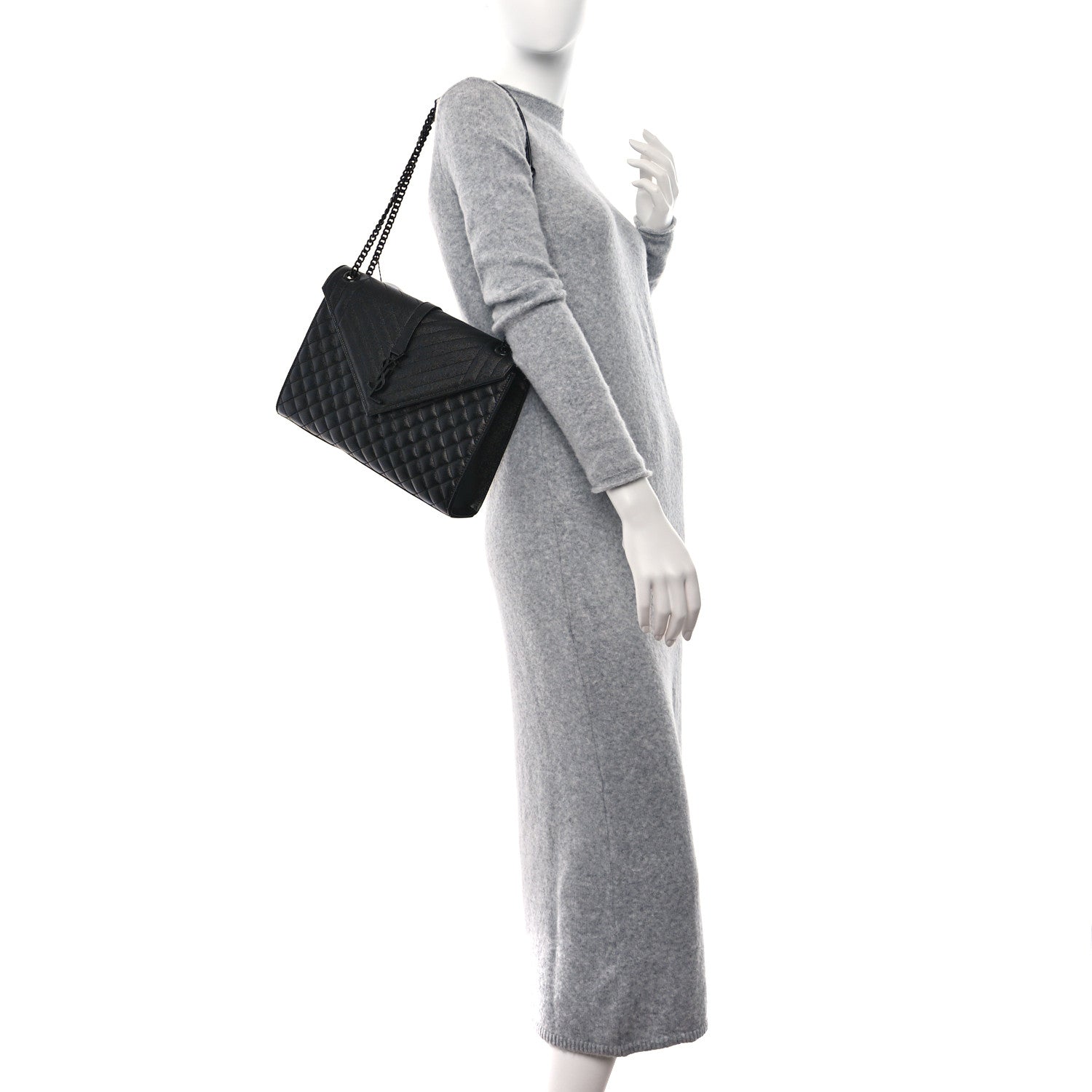 Saint Laurent Grain De Poudre Textured Mixed Matelasse Large Triquilt Monogram Monochrome Satchel Black 2 of 12