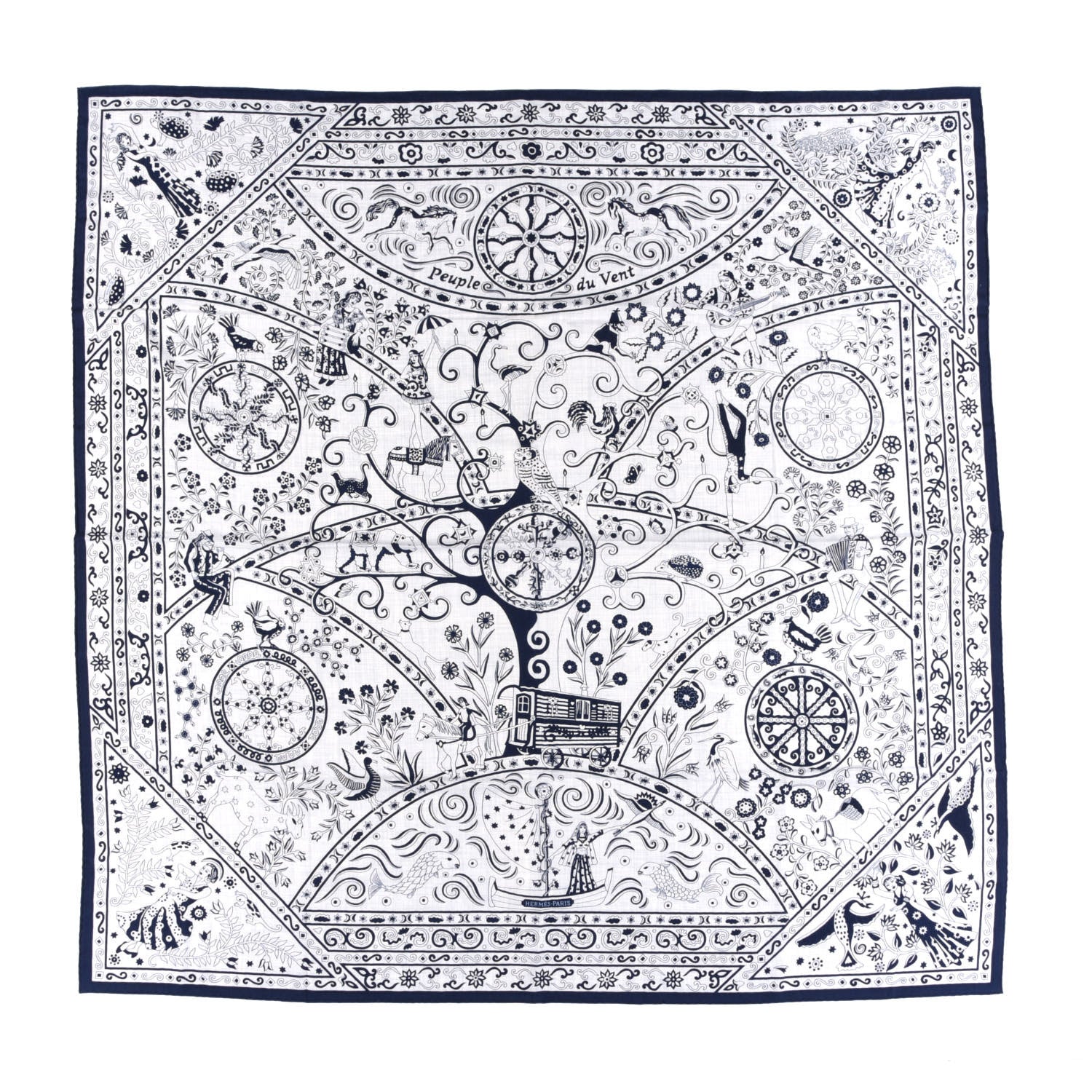 Hermes Cashmere Silk Peuple Du Vent Shawl 140 Gris Chine Marine 1 of 4