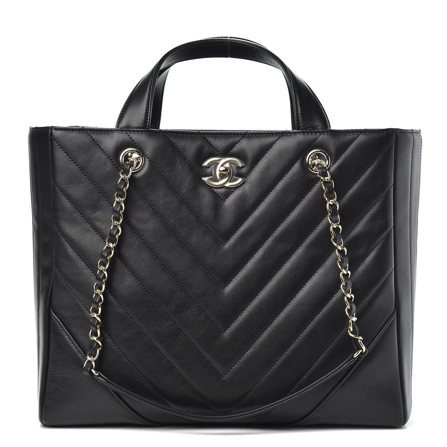 Calfskin Chevron Quilted Large Shopping Tote Black