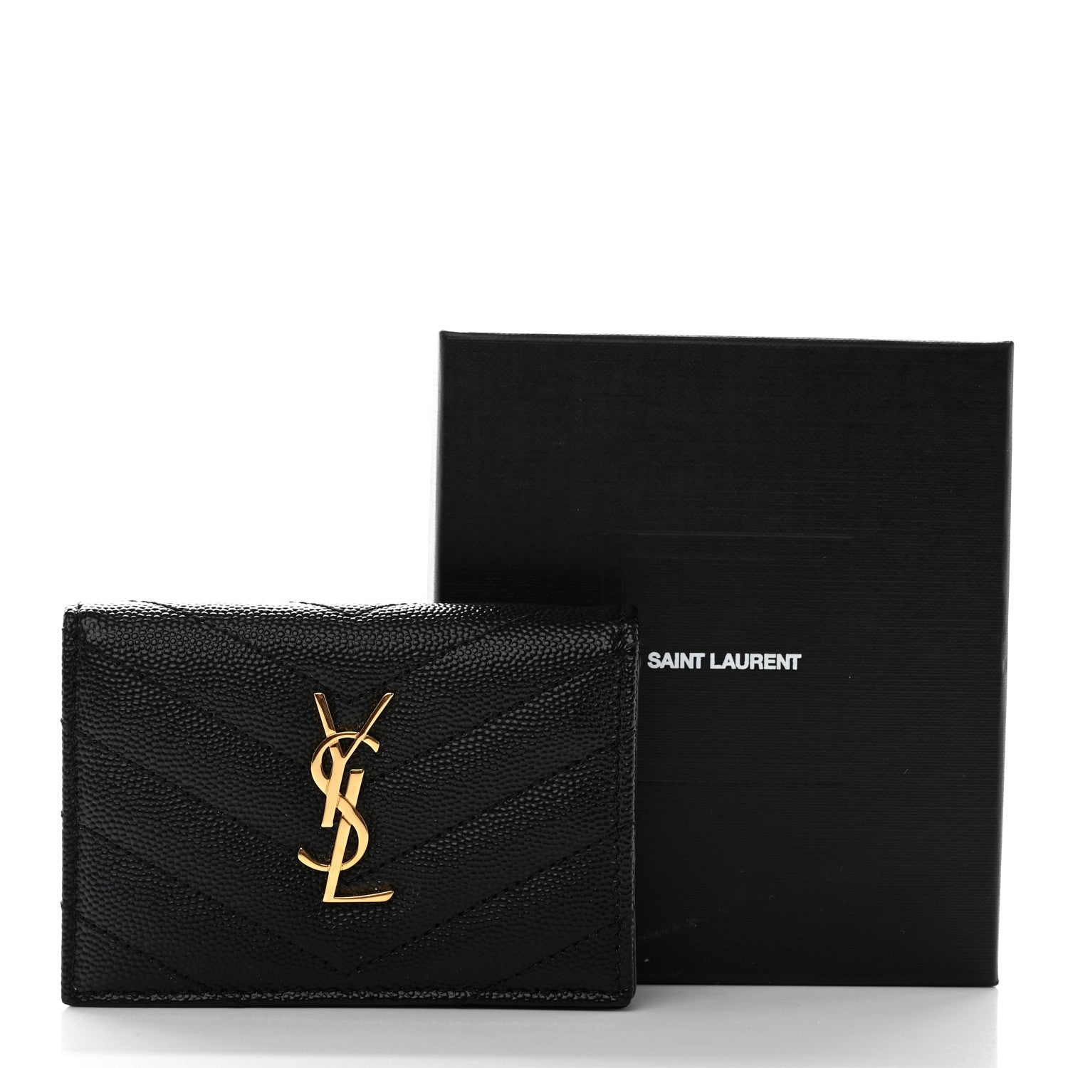 Saint Laurent Grain De Poudre Matelasse Chevron Monogram Flap Card Case Black 12 of 12