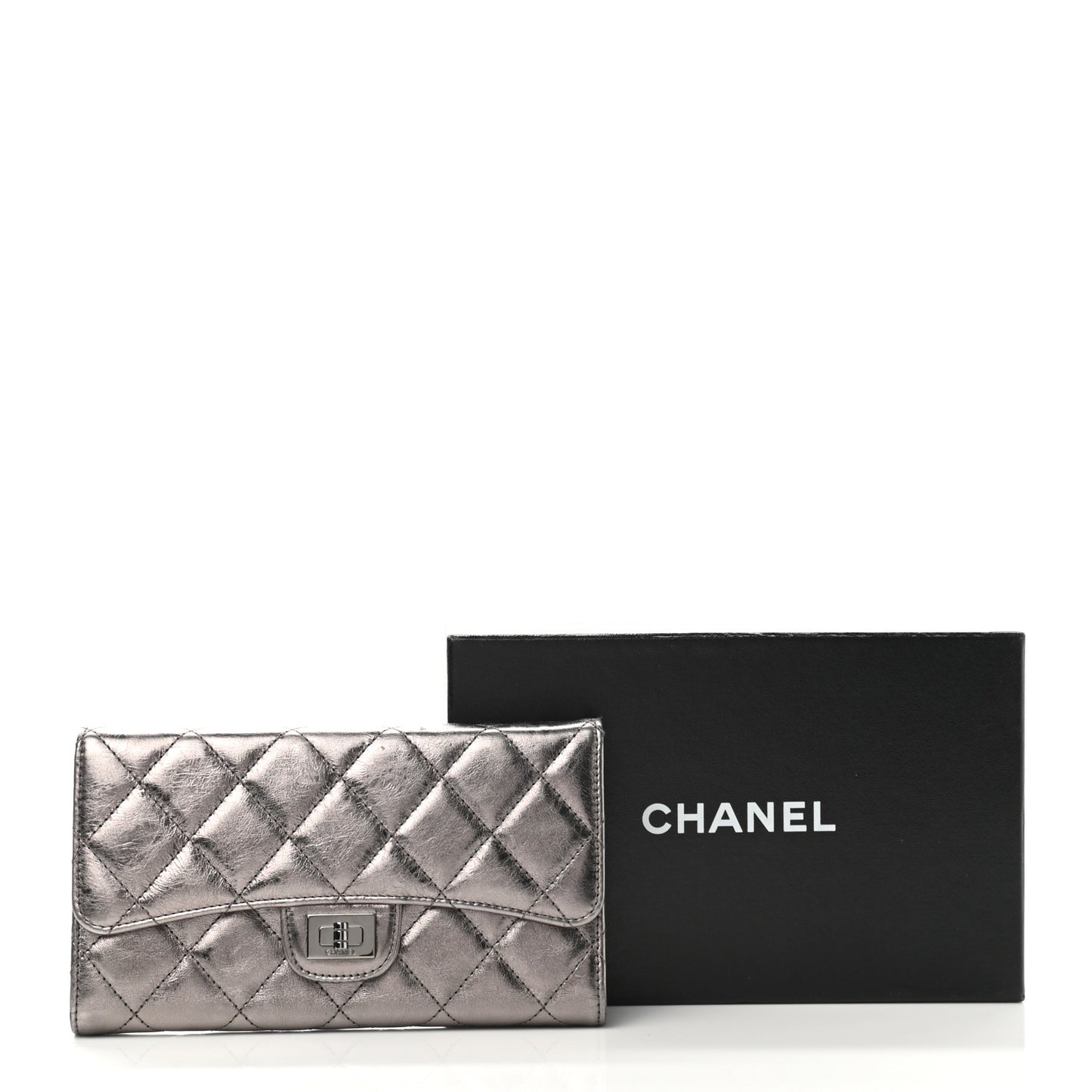Metallic Aged Calfskin Quilted Reissue Flap Wallet Silver