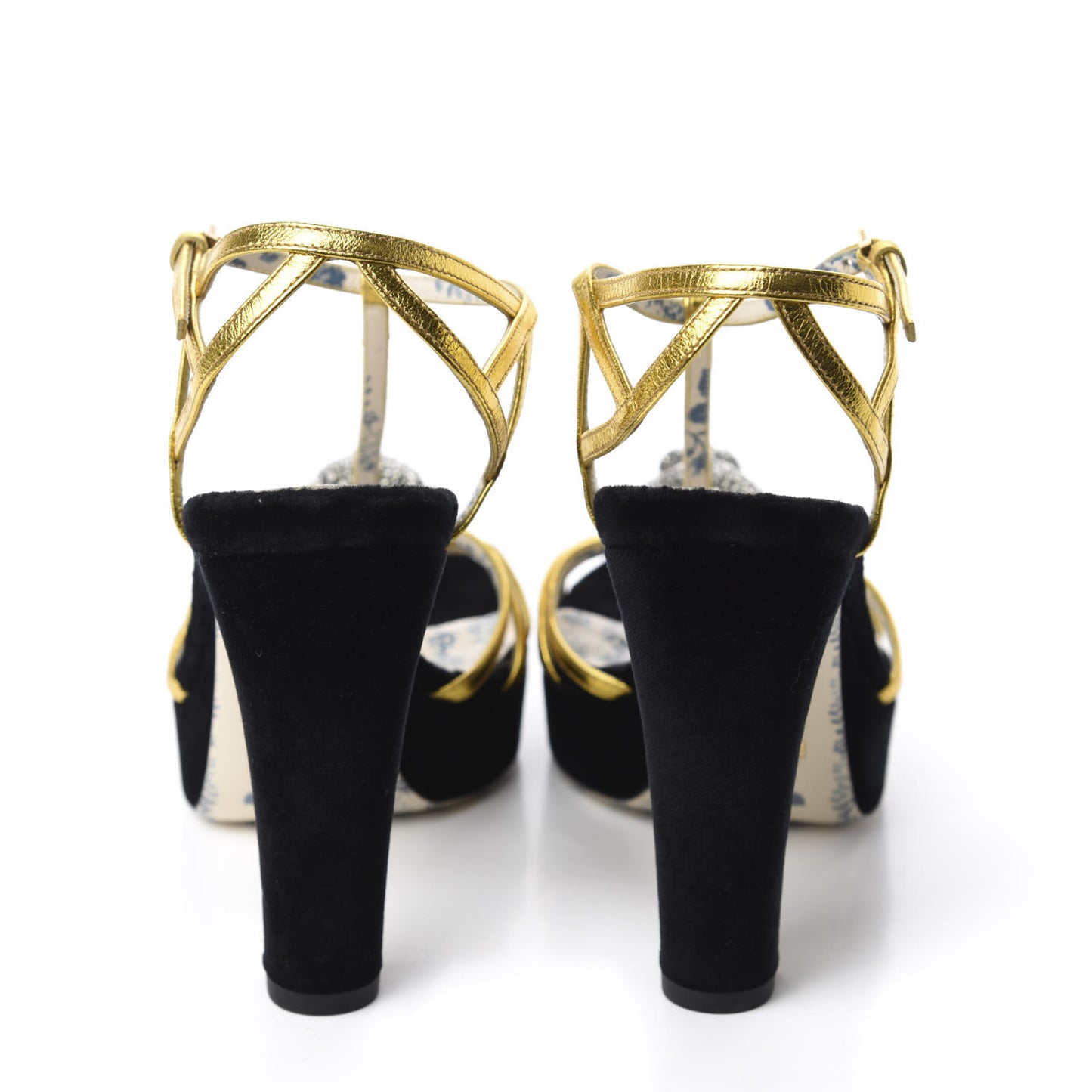 Velvet Nappa Elias T-Strap Platform High Heel Sandals 36.5 Black Gold