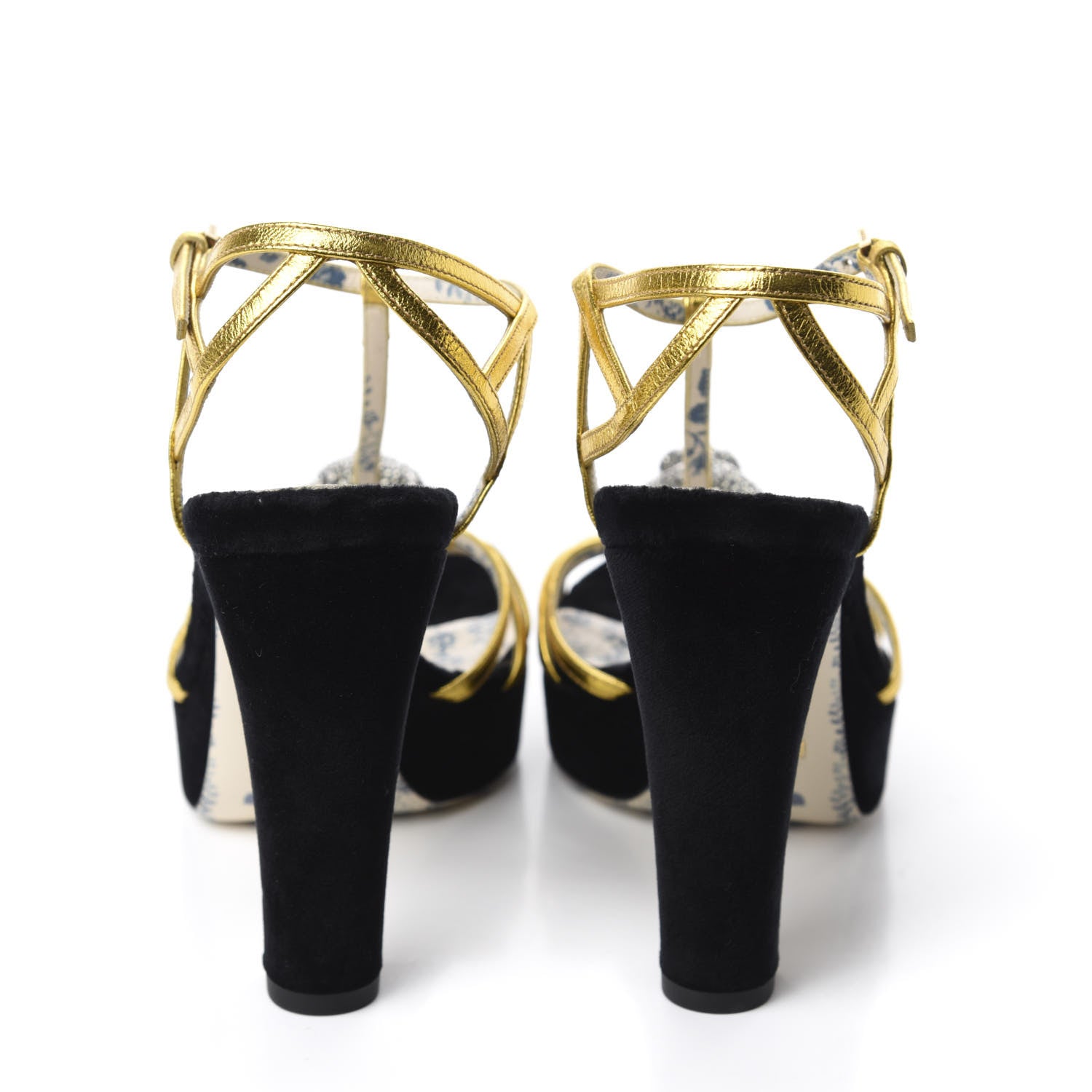 Gucci Velvet Nappa Elias T-Strap Platform High Heel Sandals 36.5 Black Gold 5 of 10