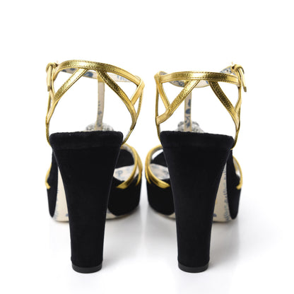 Gucci Velvet Nappa Elias T-Strap Platform High Heel Sandals 36.5 Black Gold 5 of 10