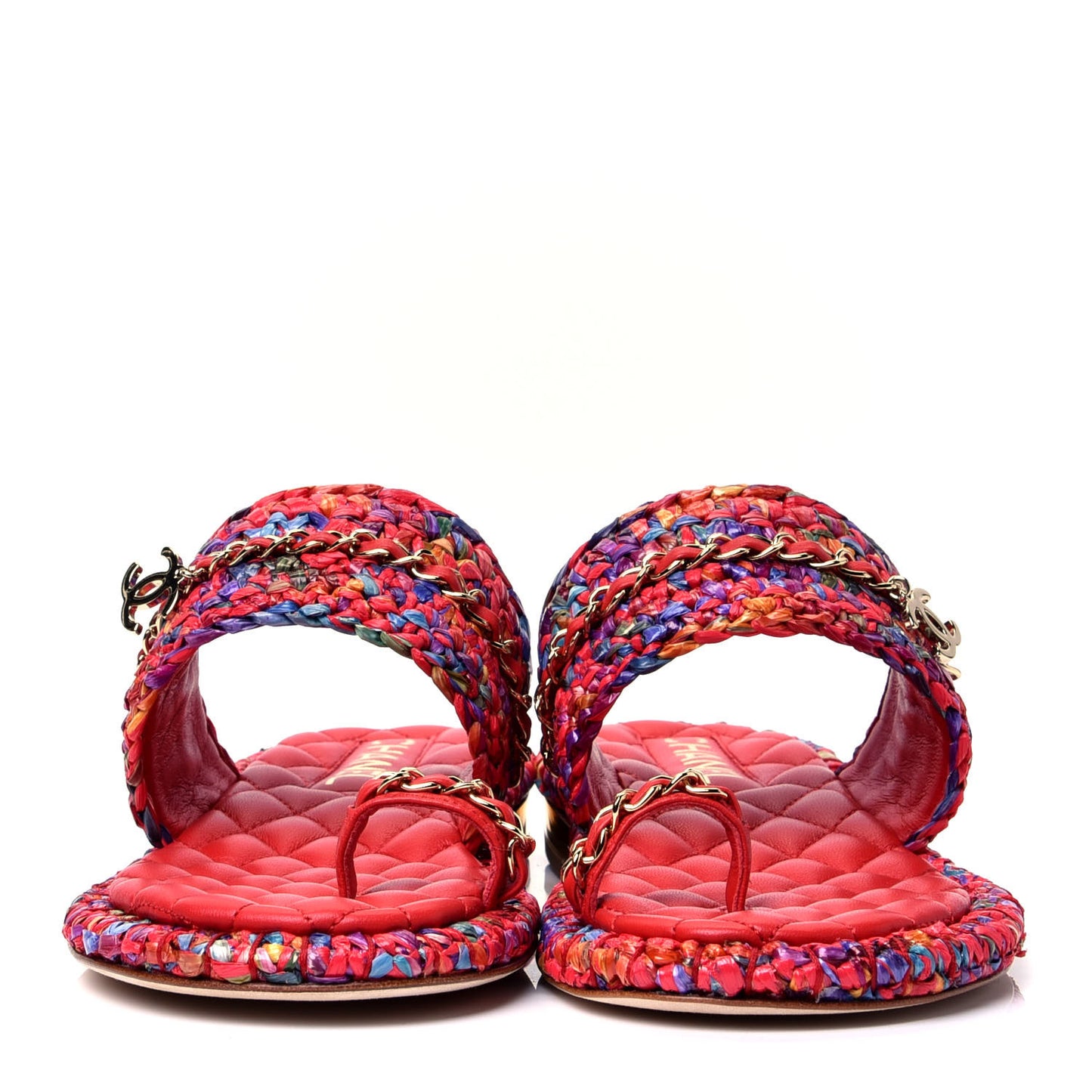 Raffia Lambskin Woven Chain CC Toe Ring Sandals 36.5 Red Multicolor