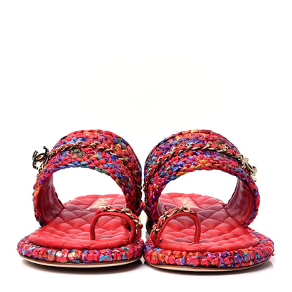 Chanel Raffia Lambskin Woven Chain CC Toe Ring Sandals 36.5 Red Multicolor 2 of 10