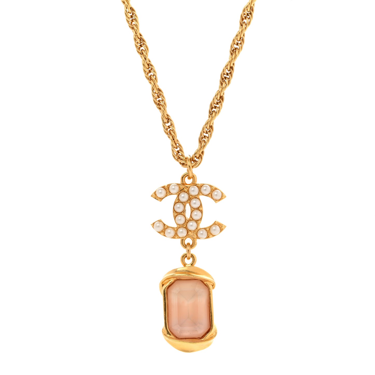 Pearl Crystal CC Pendant Necklace Gold Pink Pearly White