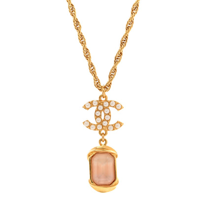 Chanel Pearl Crystal CC Pendant Necklace Gold Pink Pearly White 4 of 5