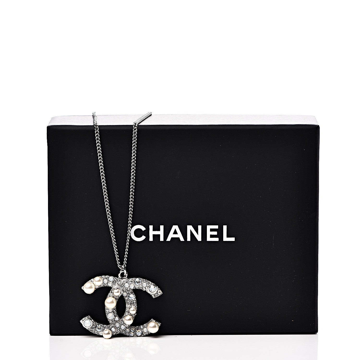 Chanel Pearl Crystal CC Pendant Necklace Silver 5 of 5