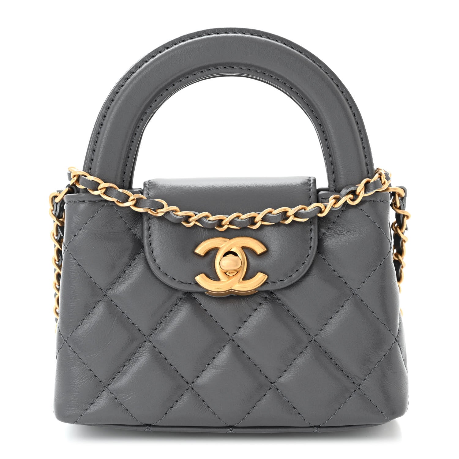Chanel Shiny Aged Calfskin Quilted Mini Nano Kelly Shopper Grey 1 of 11