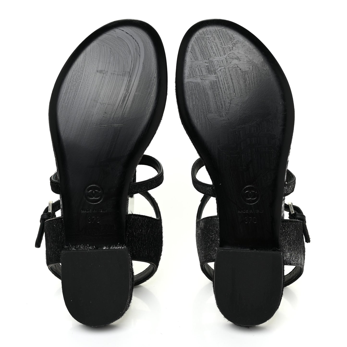 Metallic Calfskin Pony Hair CC Sandals 37 Black