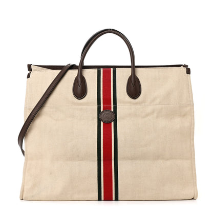 Gucci Linen Heavy Canvas Textured Dollar Calfskin Web Large Retro Interlocking G Foldable Tote Light Beige New Acero 1 of 12