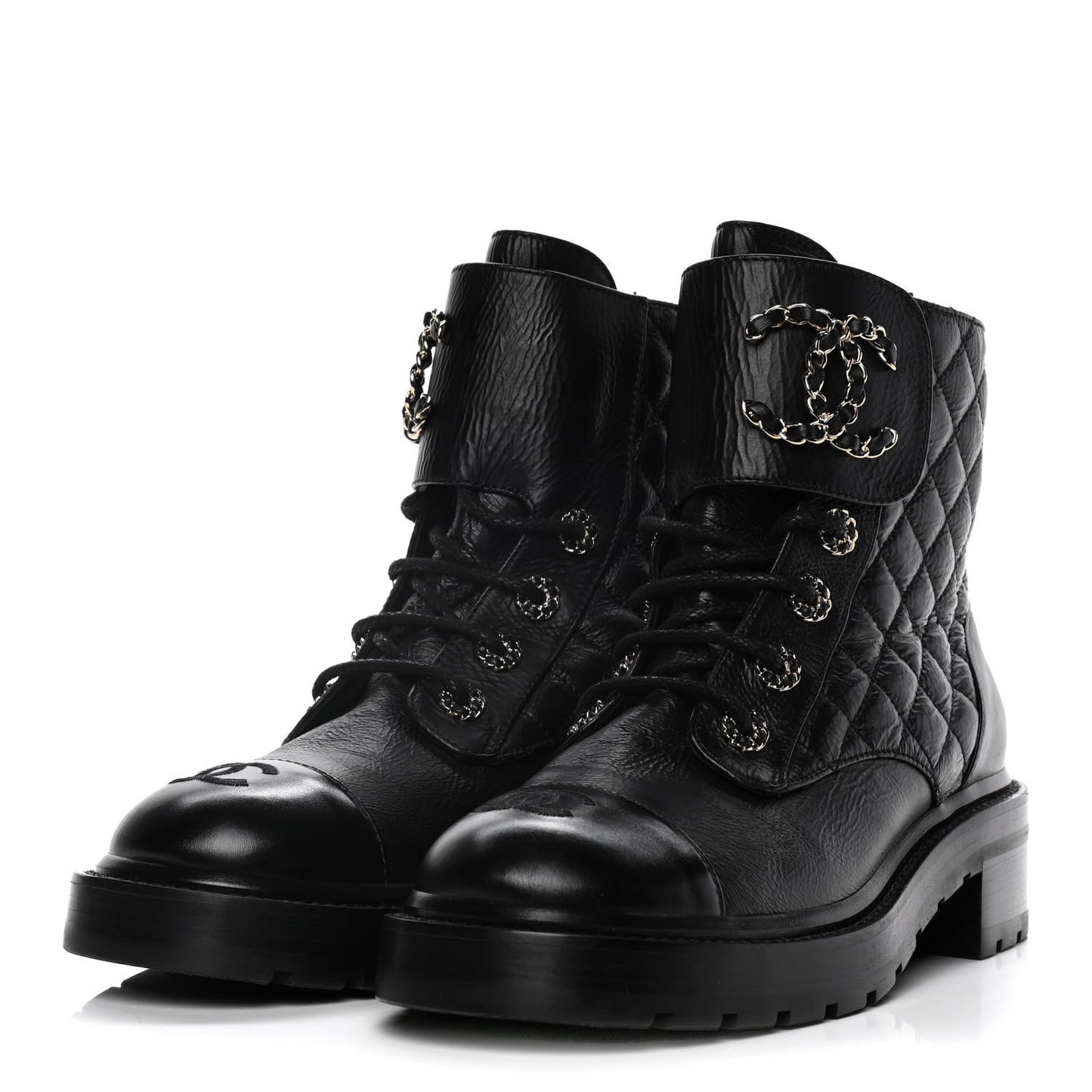 Shiny Goatskin Calfskin Quilted Lace Up Combat Boots 39 Black