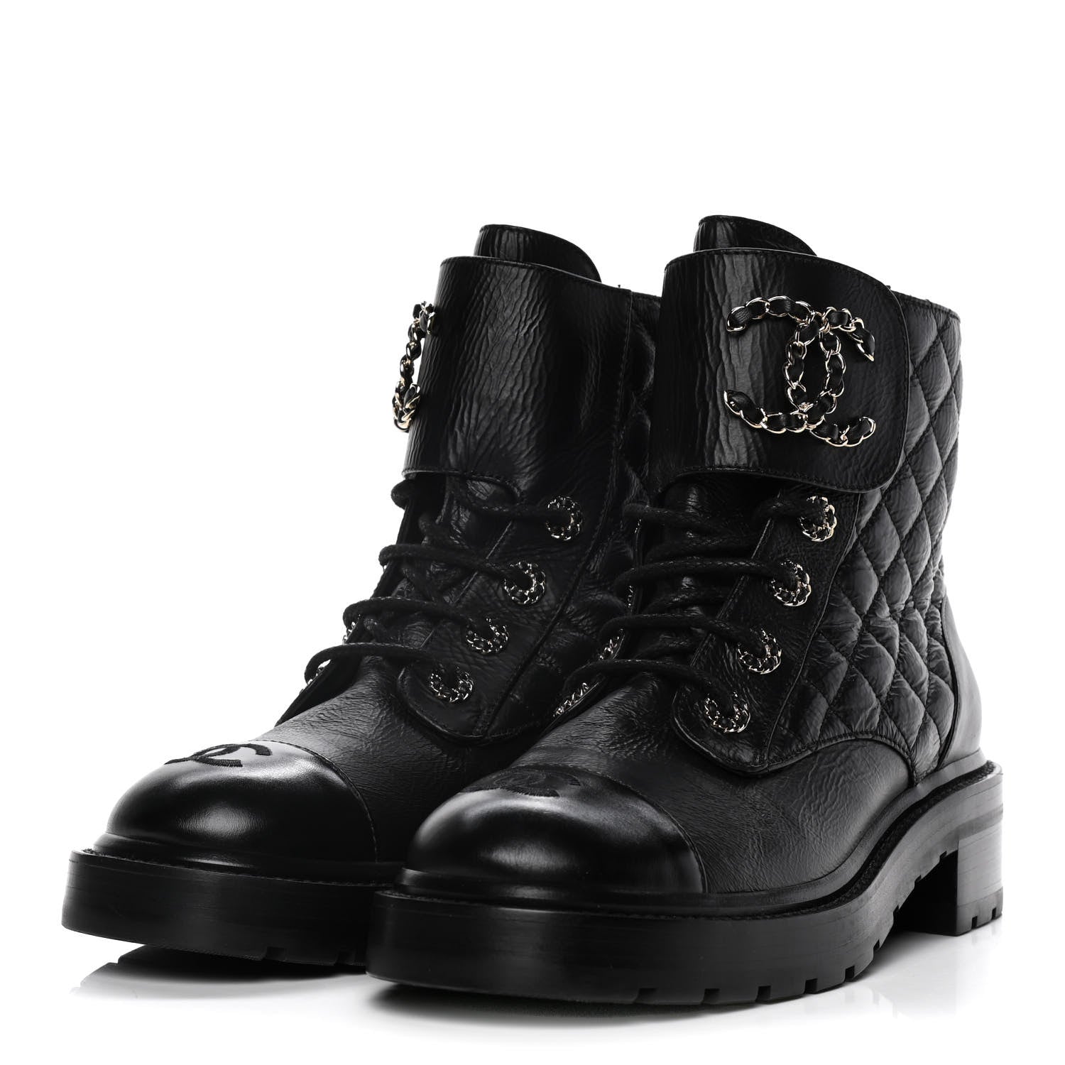 Chanel Shiny Goatskin Calfskin Quilted Lace Up Combat Boots 39 Black 3 of 7
