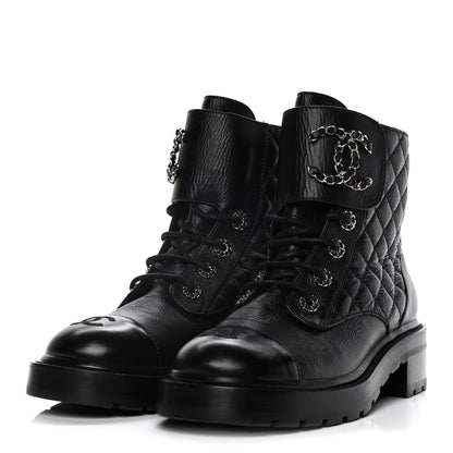Chanel Shiny Goatskin Calfskin Quilted Lace Up Combat Boots 39 Black 3 of 7