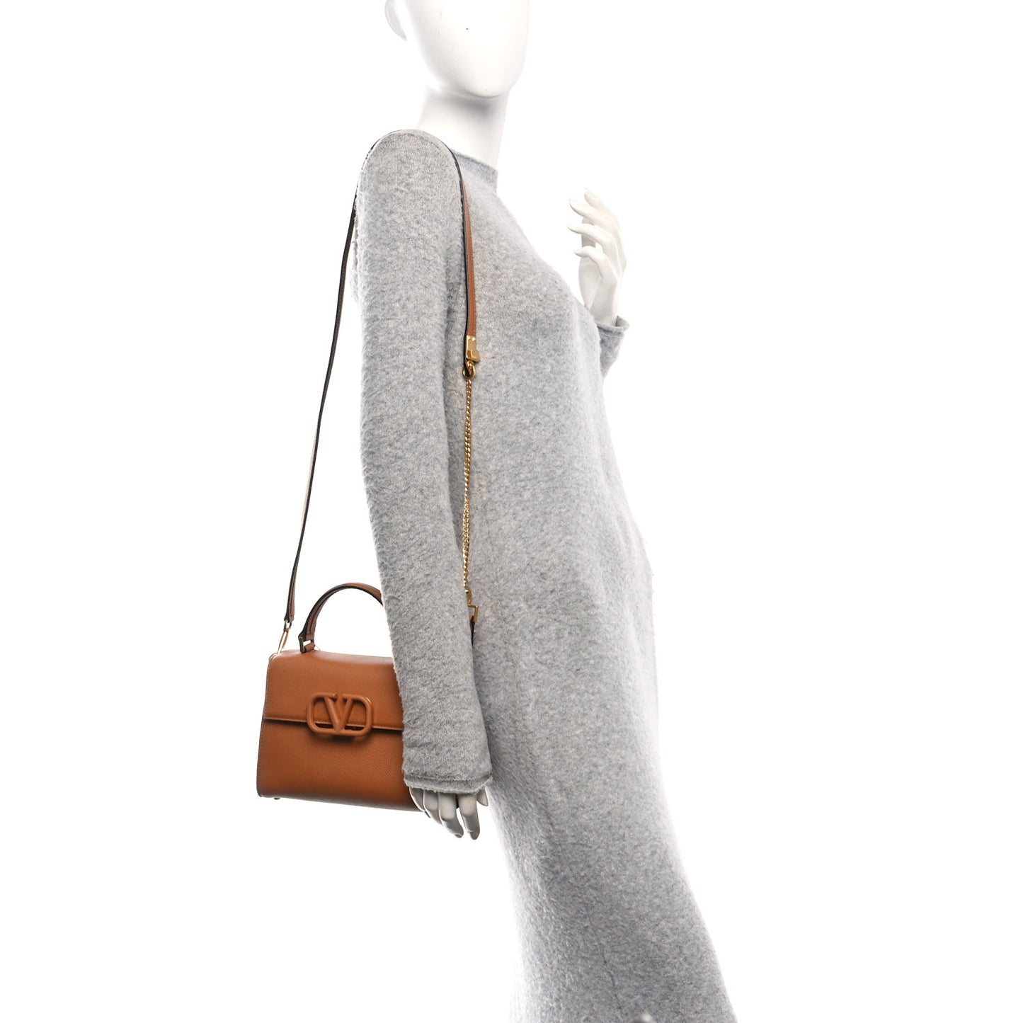 Grainy Calfskin Small VSling Top Handle Bag Almond Beige