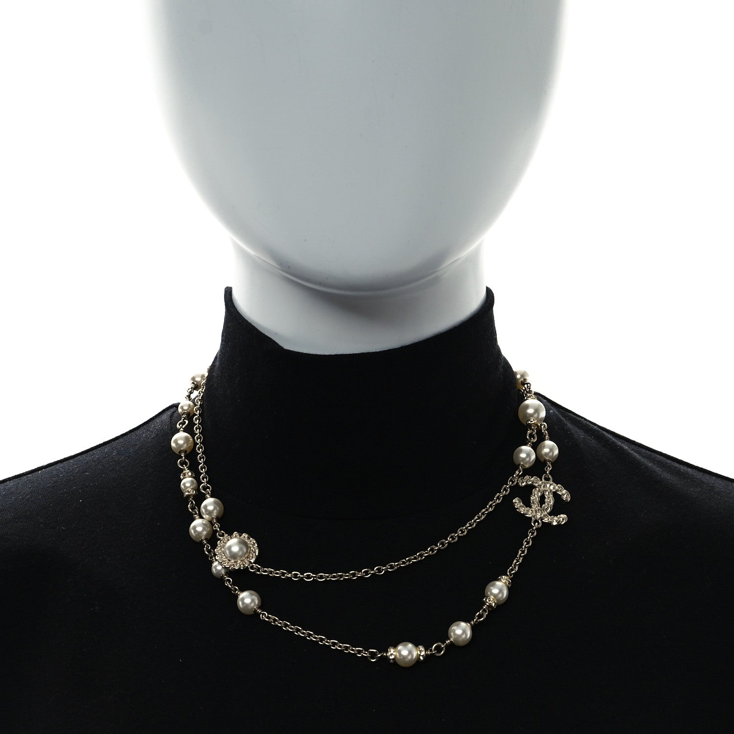 Chanel Pearl Crystal CC Lace Camellia Short Necklace Gold 2 of 5