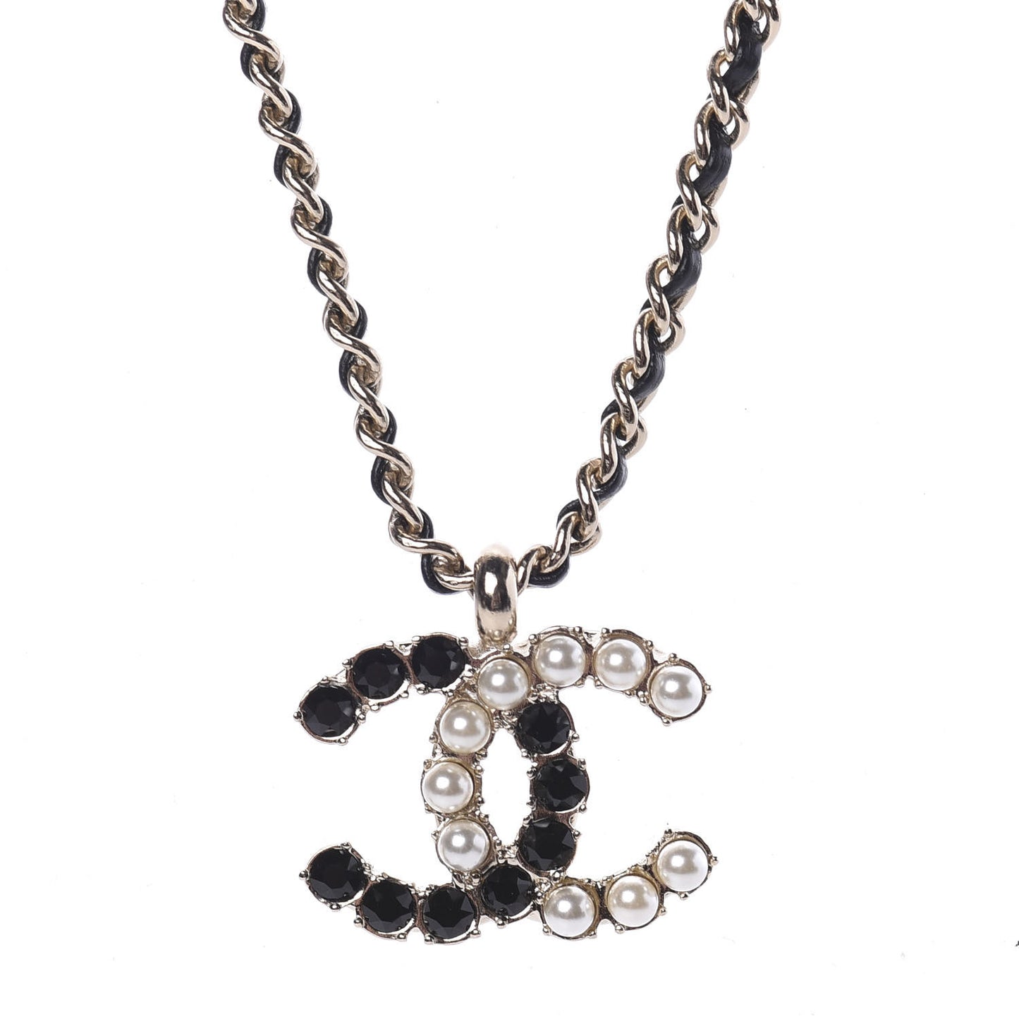 Lambskin Resin Pearl Dazzling Domino Short Necklace Gold Black