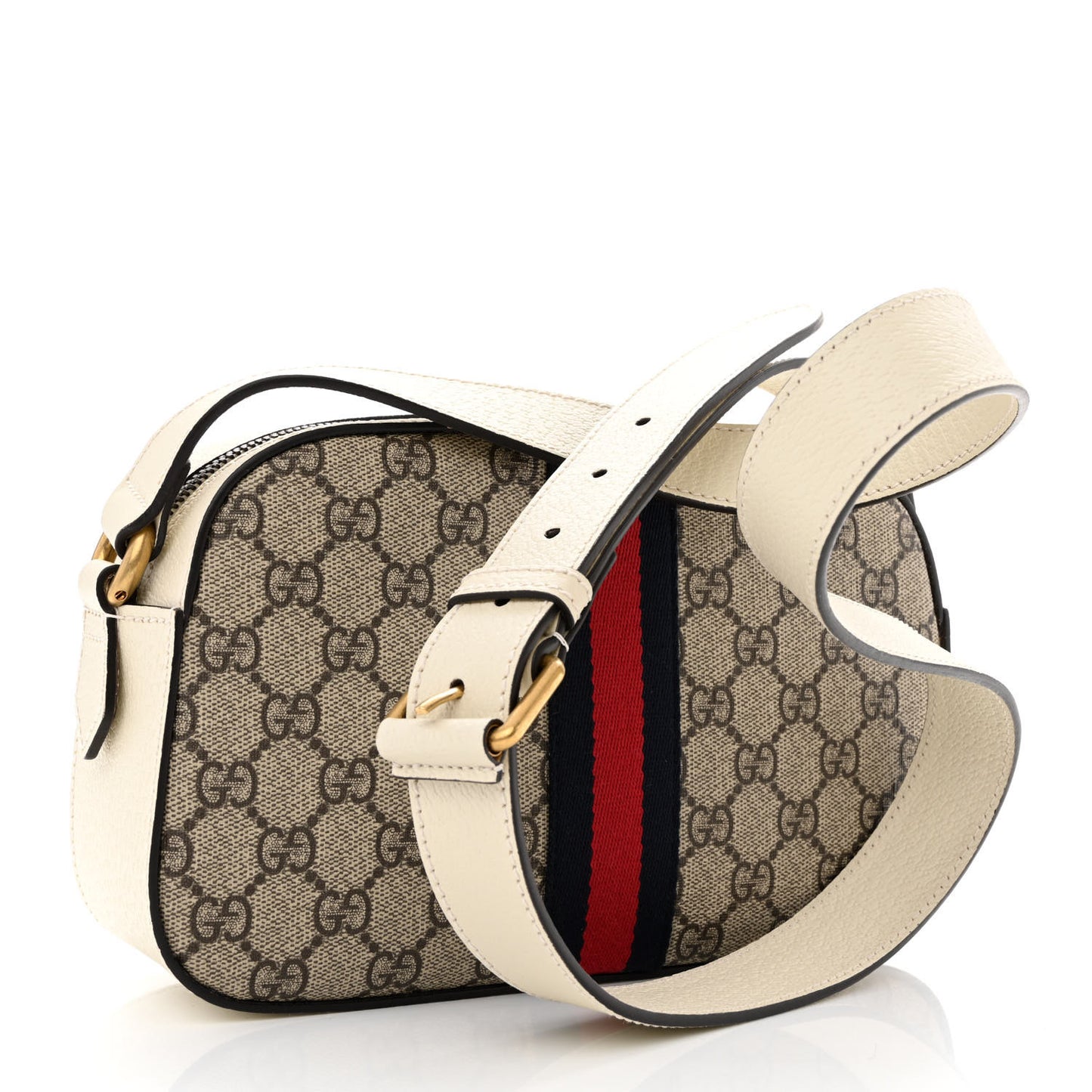 GG Supreme Monogram Textured Calfskin Web Small Ophidia Camera Bag Beige Ebony Mystic White