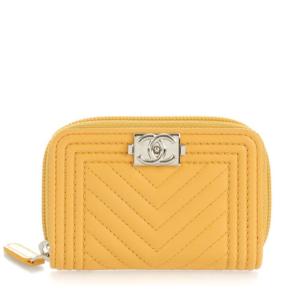Chanel Calfskin Chevron Quilted Zip Around Boy Coin Purse Wallet Yellow 1 of 7
