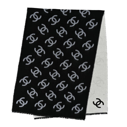 Chanel Cashmere Silk Wool CC Stole Black Light Gray White 4 of 8