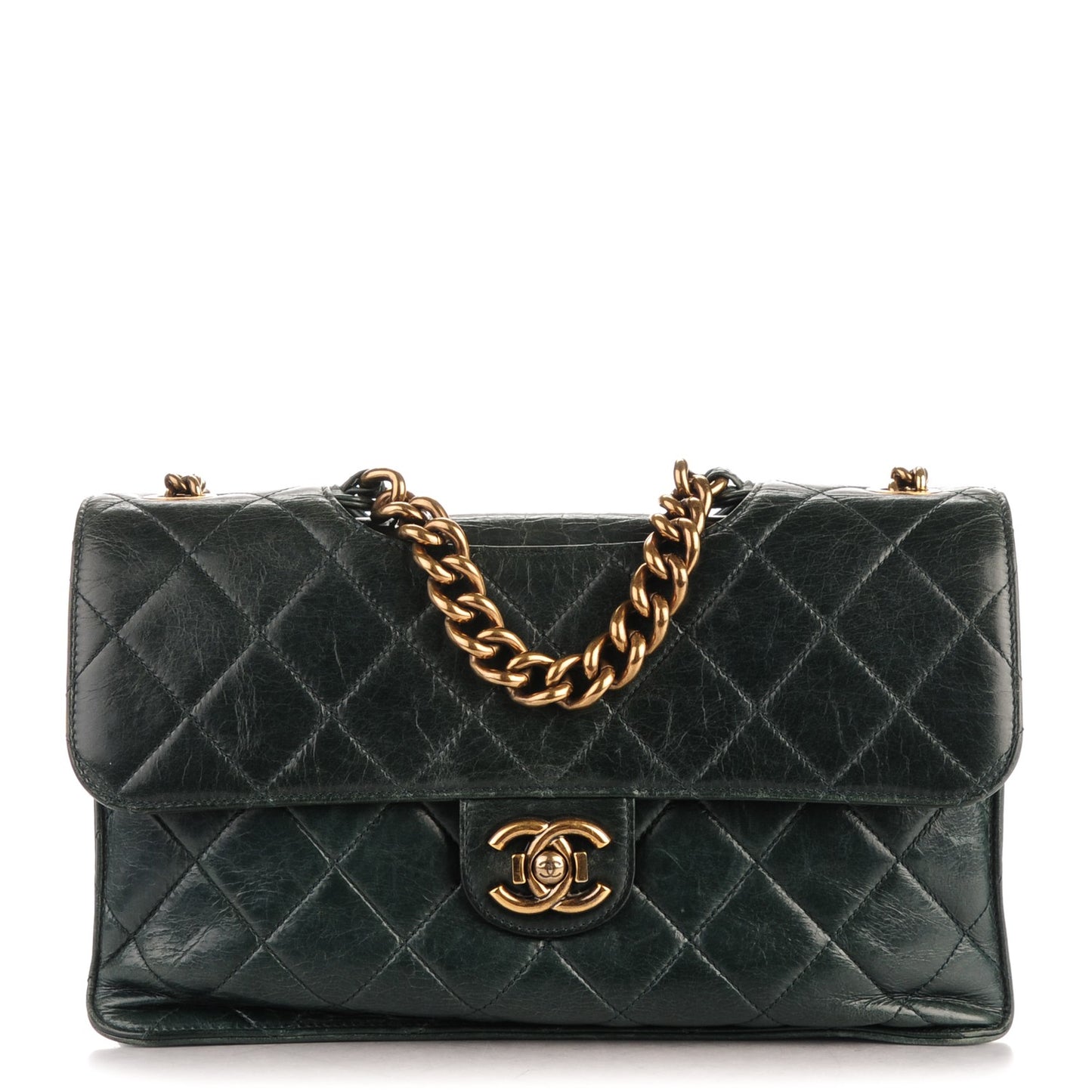 Glazed Calfskin Quilted Perfect Edge Large Flap Green